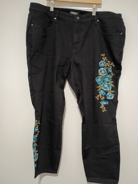 Martha Stewart Women's Size 22WP Women’s Black Jeans with Blue Floral Embroidery